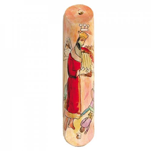 Large Hand Painted Wood Mezuzah Case, King David and his Harp - Yair Emanuel
