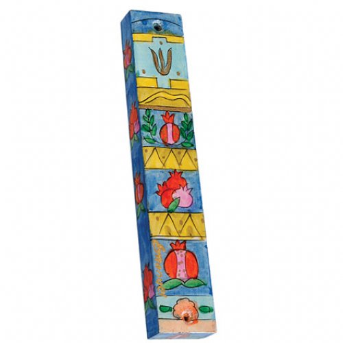 Large Hand Painted Wood Mezuzah Case, Pomegranates and Gold Bands - Yair Emanuel