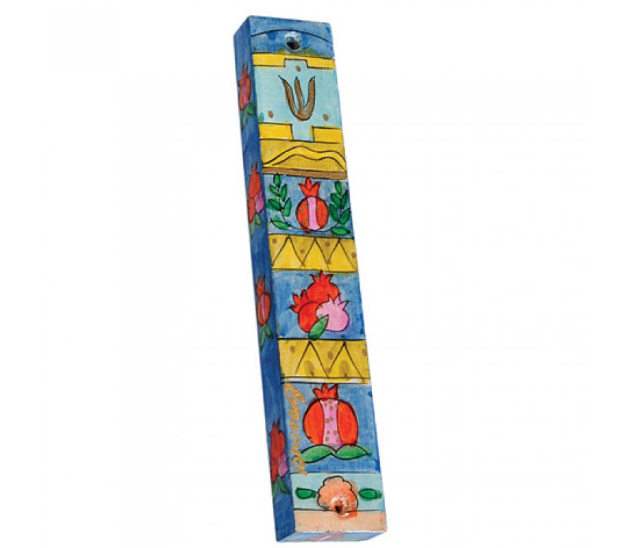 Large Hand Painted Wood Mezuzah Case, Pomegranates and Gold Bands - Yair Emanuel