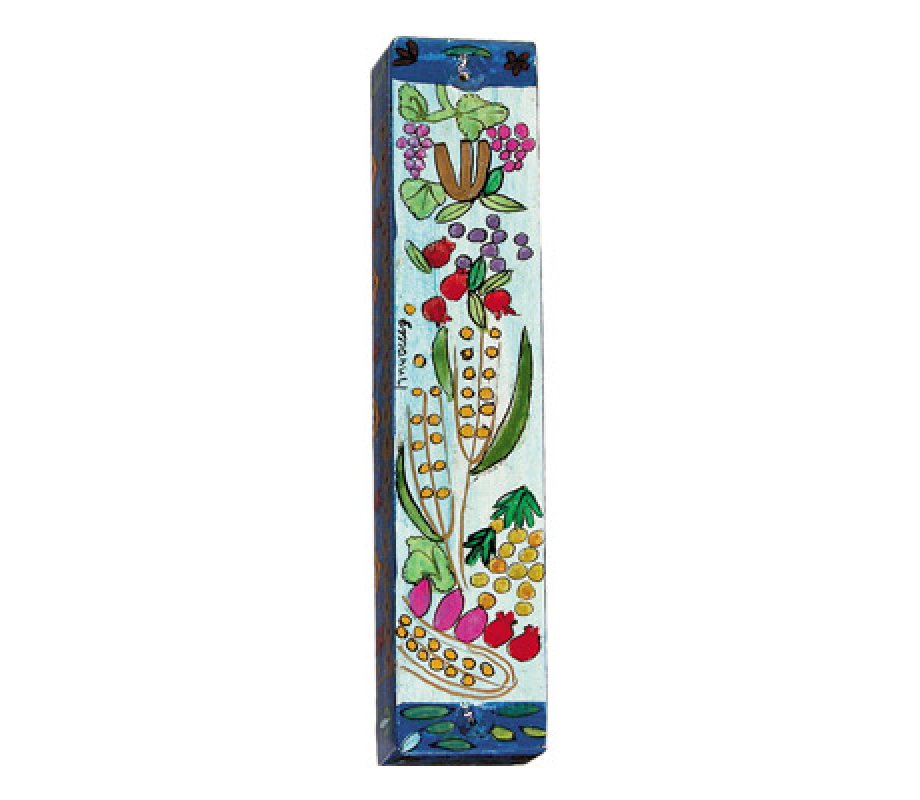 Large Hand Painted Wood Mezuzah Case, Seven Species on Blue - Yair Emanuel