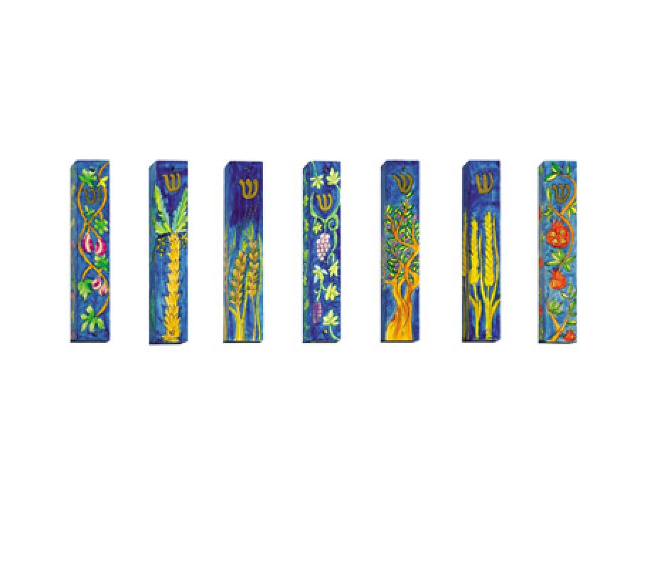 Large Hand Painted Wood Mezuzah Cases, Seven Species - Set of Seven, Yair Emanuel