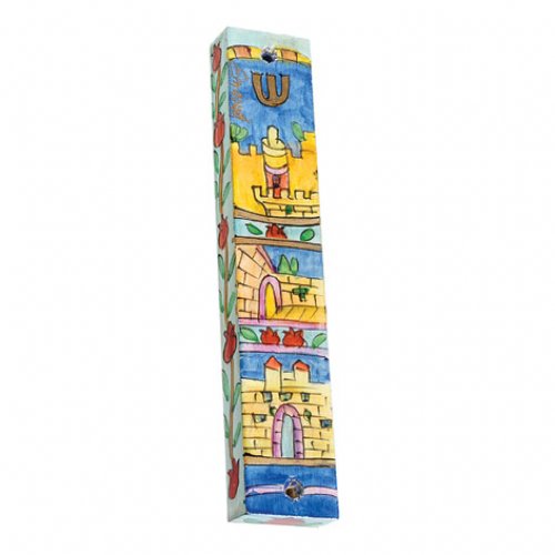 Large Hand Painted Wood Mezuzah, Jerusalem Gate - Yair Emanuel