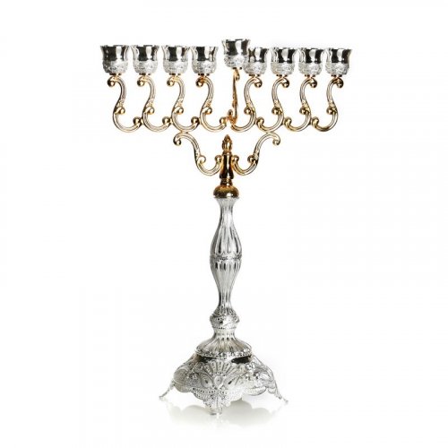 Large Jumbo Chanukah Menorah Swirl Design, Silver Plated and Gold Elements - 26 Inches