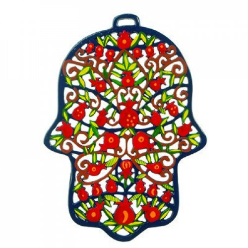 Large Laser Cut Hand-Painted Wall Hamsa, Pomegranates - Yair Emanuel