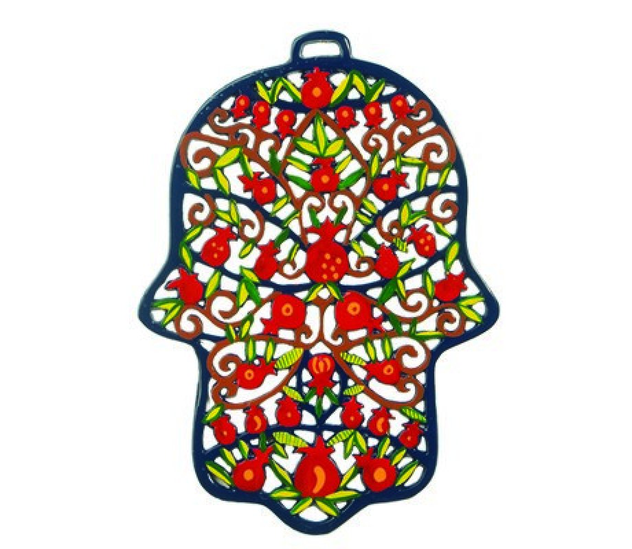 Large Laser Cut Hand-Painted Wall Hamsa, Pomegranates - Yair Emanuel