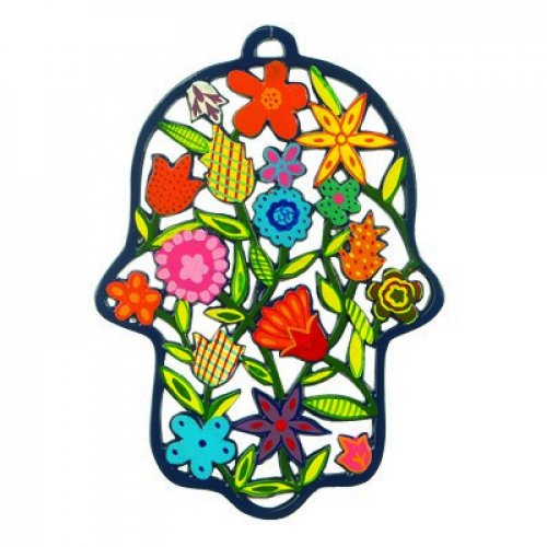 Large Laser Cut Hand-painted Colorful Wall Hamsa, Flowers - Yair Emanuel