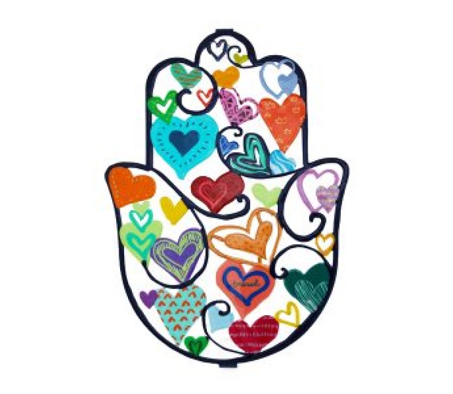 Large Laser Cut Hand-painted Wall Hamsa, Colorful Hearts - Yair Emanuel