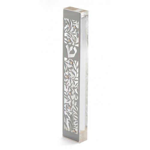 Large Lucite Mezuzah Case, Leaves and Flowers with Clear Crystals - Dorit Judaica