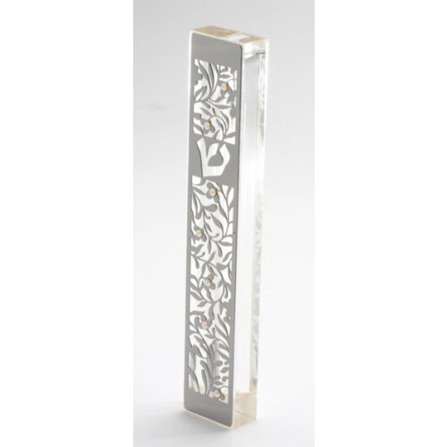 Large Lucite Mezuzah Case, Leaves and Flowers with Clear Crystals - Dorit Judaica