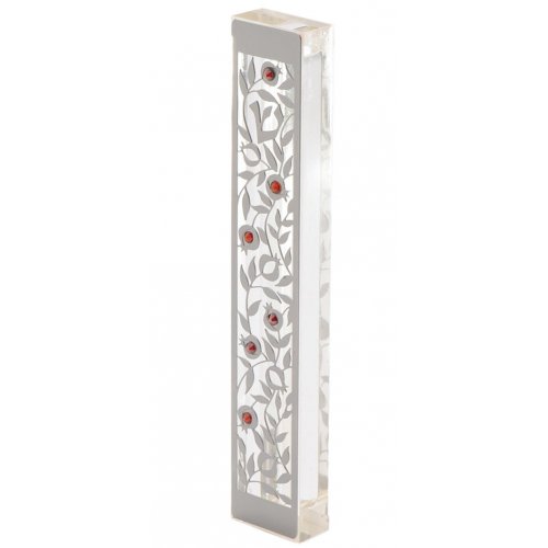 Large Lucite Mezuzah Case, Pomegranate Overlay with Red Crystals - Dorit Judaica