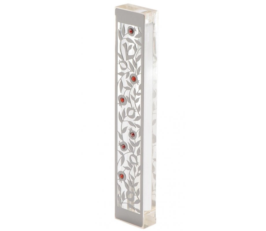 Large Lucite Mezuzah Case, Pomegranate Overlay with Red Crystals - Dorit Judaica