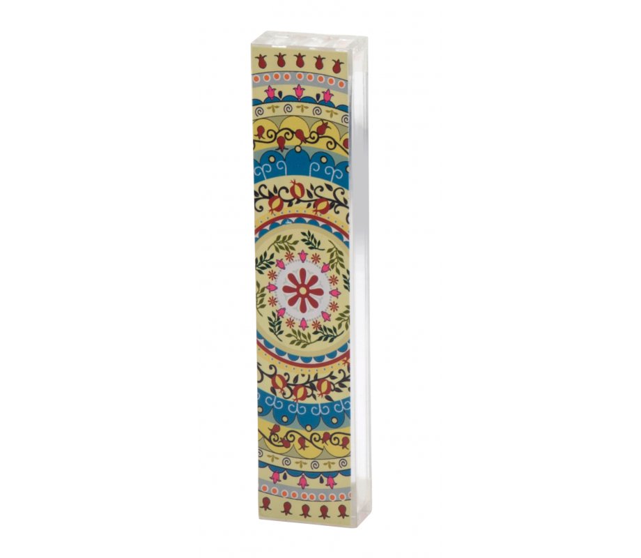 Large Lucite Mezuzah Case with Lemon and Turquoise Arcs Dorit Judaica