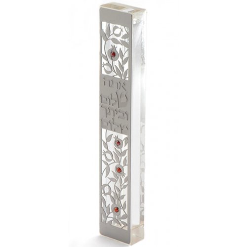 Large Lucite Mezuzah Case with Pomegranates and Shalom, Red Crystals - Dorit Judaica