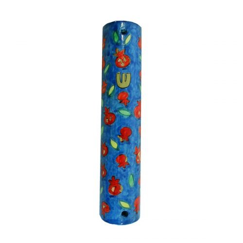 Large hand Painted Wood Mezuzah Case, Pomegranates and Leaves - Yair Emanuel