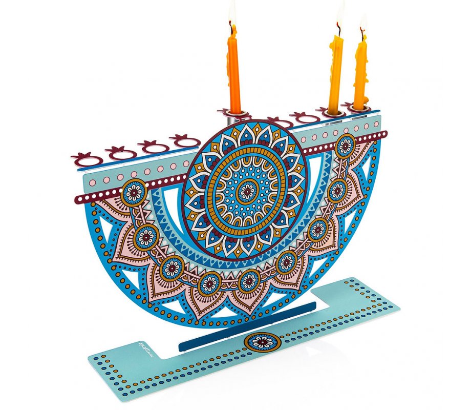 Laser Cut Chanukah Menorah with Colorful Mandala - Dorit Judaica