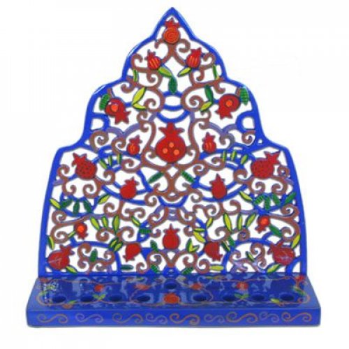 Laser Cut Hand-Painted Hanukkah Menorah, Pomegranates - Yair Emanuel