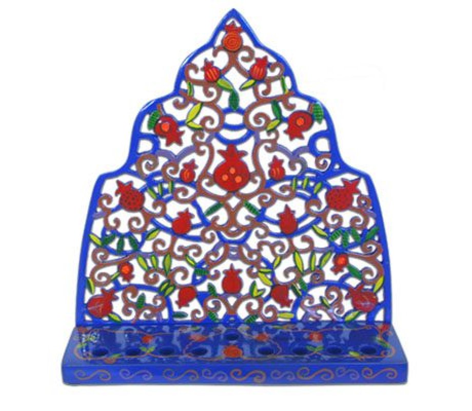 Laser Cut Hand-Painted Hanukkah Menorah, Pomegranates - Yair Emanuel
