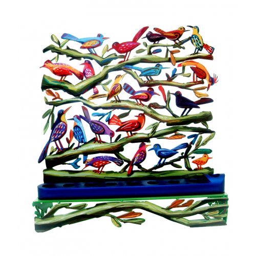 Laser Cut Metal Colorful Hanukka Menorah, Fluttering Birds - David Gerstein