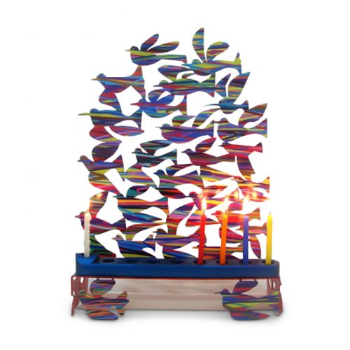 Laser Cut Metal Colorful Hanukkah Menorah, Birds in Flight - David Gerstein