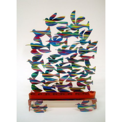 Laser Cut Metal Colorful Hanukkah Menorah, Birds in Flight - David Gerstein