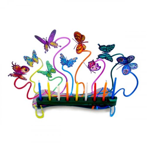 Laser Cut Metal Colorful Hanukkah Menorah, Fluttering Butterflies - David Gerstein