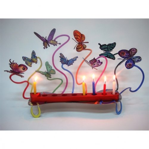 Laser Cut Metal Colorful Hanukkah Menorah, Fluttering Butterflies - David Gerstein