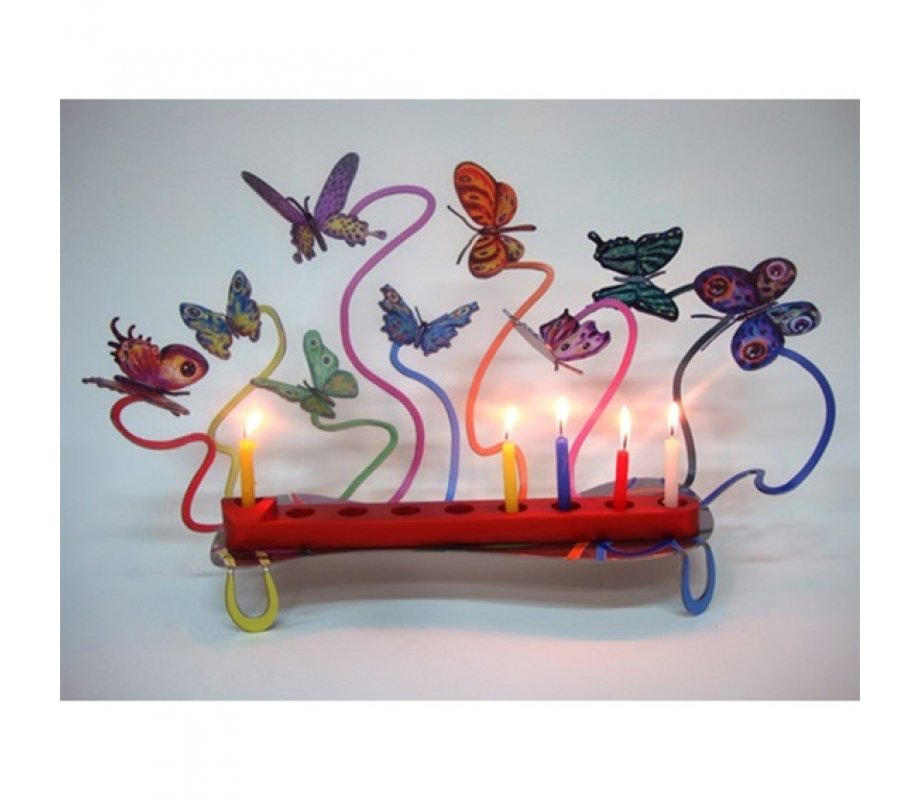 Laser Cut Metal Colorful Hanukkah Menorah, Fluttering Butterflies - David Gerstein