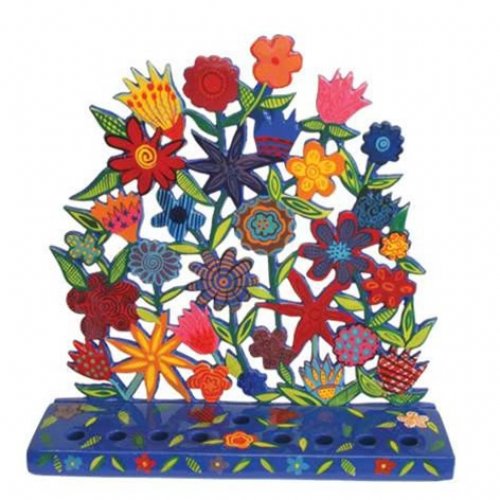 Laser Cut Metal Hanukkah Menorah, Floral Display - Yair Emanuel