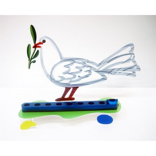 Laser Cut Metal White and Blue Hanukkah Menorah, Peace Dove - David Gerstein