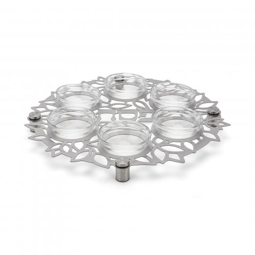 Laser Cut Seder Plate with Cutout Flowers and Glass Bowls - Dorit Judaica
