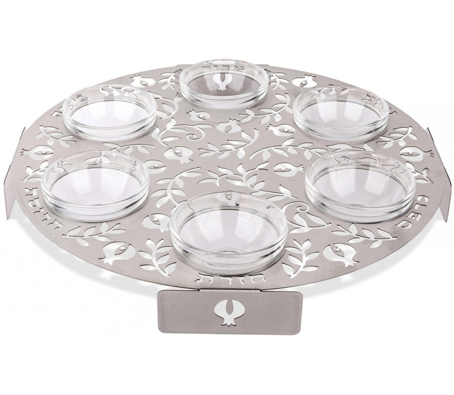 Laser Cut Seder Plate with Cutout Pomegranates and Glass Bowls - Dorit Judaica