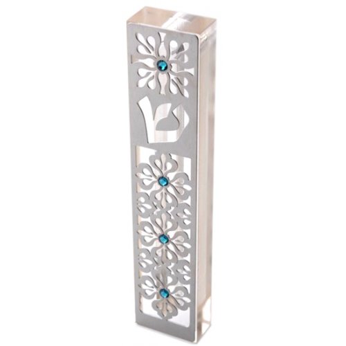 Laser Cut Steel Mezuzah Case Arabesque - Swarovski Stones by Dorit Judaica