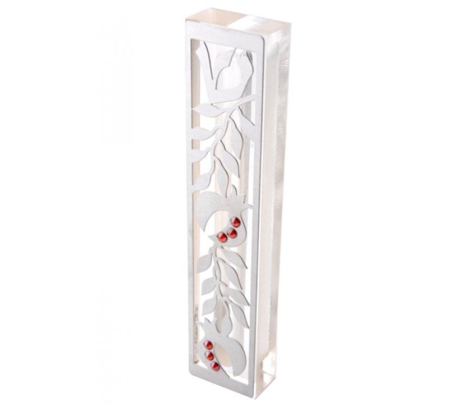 Laser Cut Steel Mezuzah Case Pomegranates - Red Swarovski Stones by Dorit Judaica
