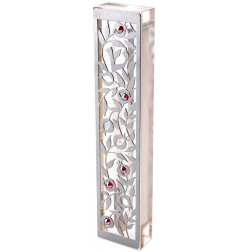 Laser Cut Steel Mezuzah Case Pomegranates - Swarovski Stones by Dorit Judaica