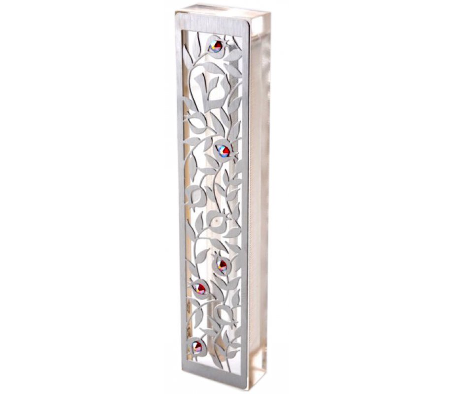 Laser Cut Steel Mezuzah Case Pomegranates - Swarovski Stones by Dorit Judaica