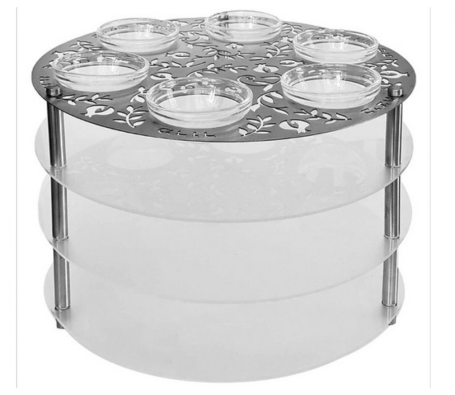 Laser Cut Three Tier Seder Plate with Cutout Pomegranates and Glass Bowls - Dorit Judaica