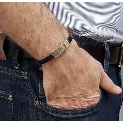 Leather Men Bracelet with Gold Band & Silver Shema Yisrael in Hebrew  Studio Golan