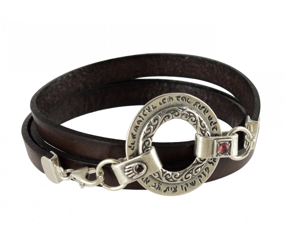 Leather Triple-wrap Men Bracelet with Silver Ana Bekoach Aaronic Blessing - Studio Golan