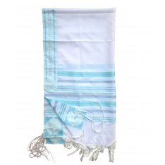Lightweight Acrylic Tallit Prayer Shawl with Turquoise and Silver Stripes  Noam