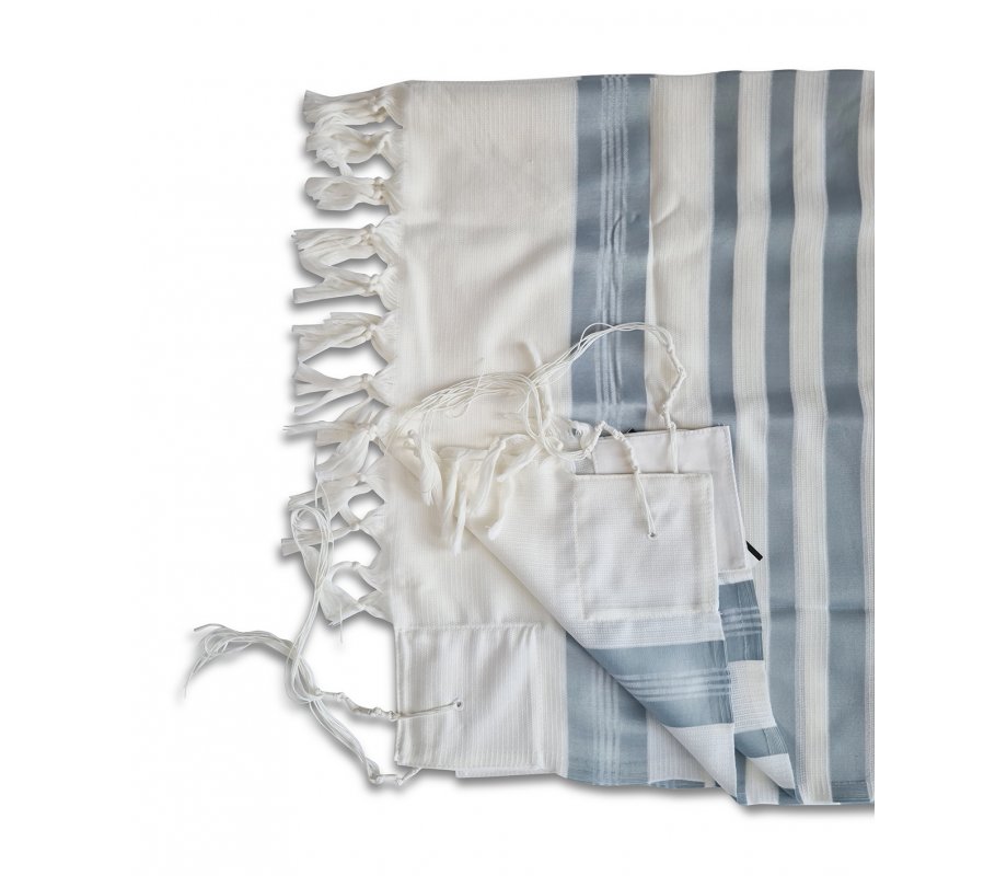 Lightweight Non-slip Wool Tallit Prayer Shawl, Barak Talitania - Light Blue Stripes