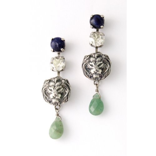 Lion of Judah Dangle Earrings with Semi Precious Green and Blue Gemstones - Amaro