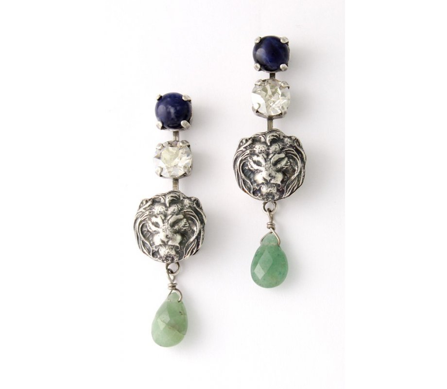 Lion of Judah Dangle Earrings with Semi Precious Green and Blue Gemstones - Amaro