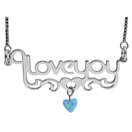Love You Silver Necklace with Opal Heart