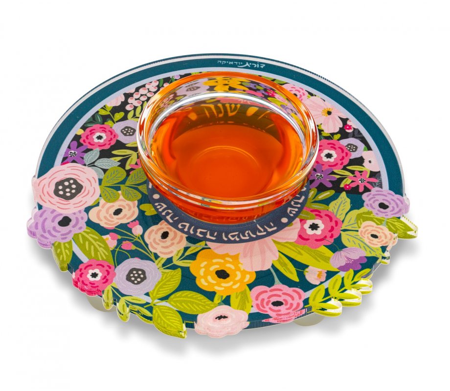 Lucite Honey Dish with Colorful Flowers and Shanah Tovah U’metukah – Dorit Judaica