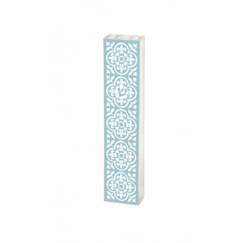 Lucite Mezuzah Case Fleur De Lys in Frame, Blue and White - Dorit Judaica