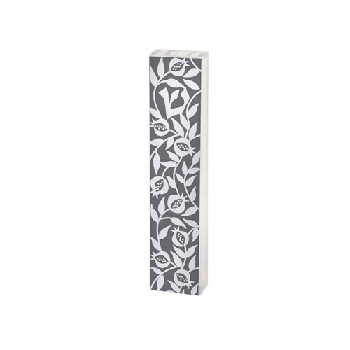 Lucite Mezuzah Case with Pomegranate Design, Gray and White - Dorit Judaica