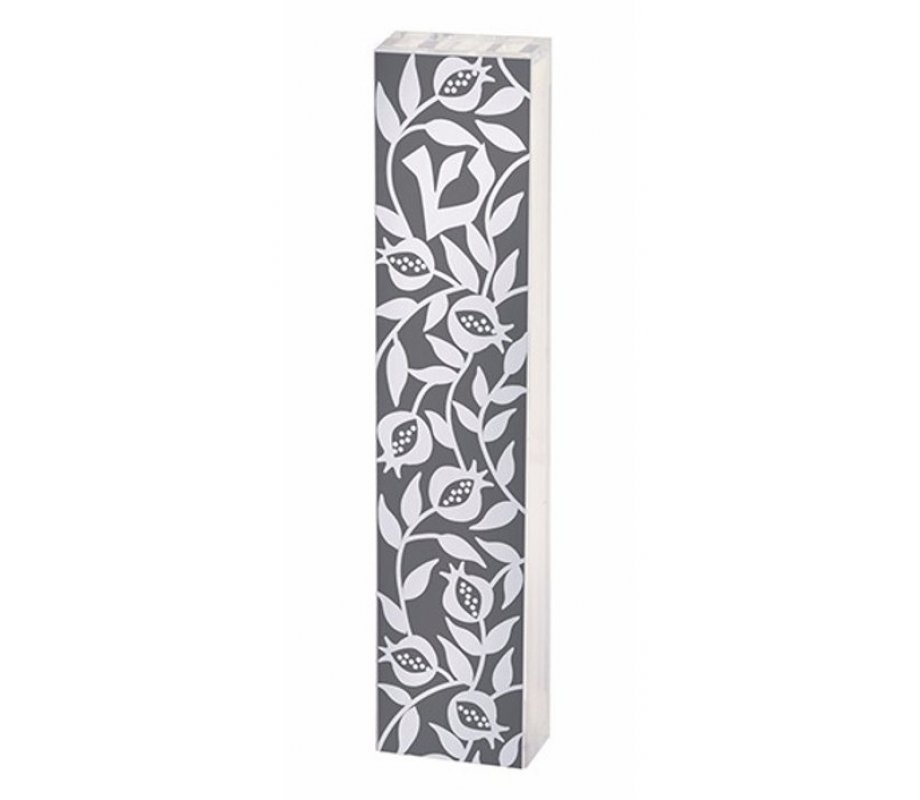Lucite Mezuzah Case with Pomegranate Design, Gray and White - Dorit Judaica