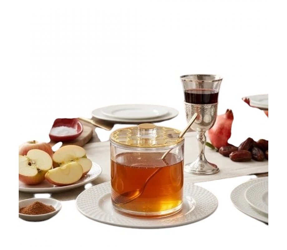 Lucite Rosh Hashanah Honey Dish with Spoon - Honeycomb Design