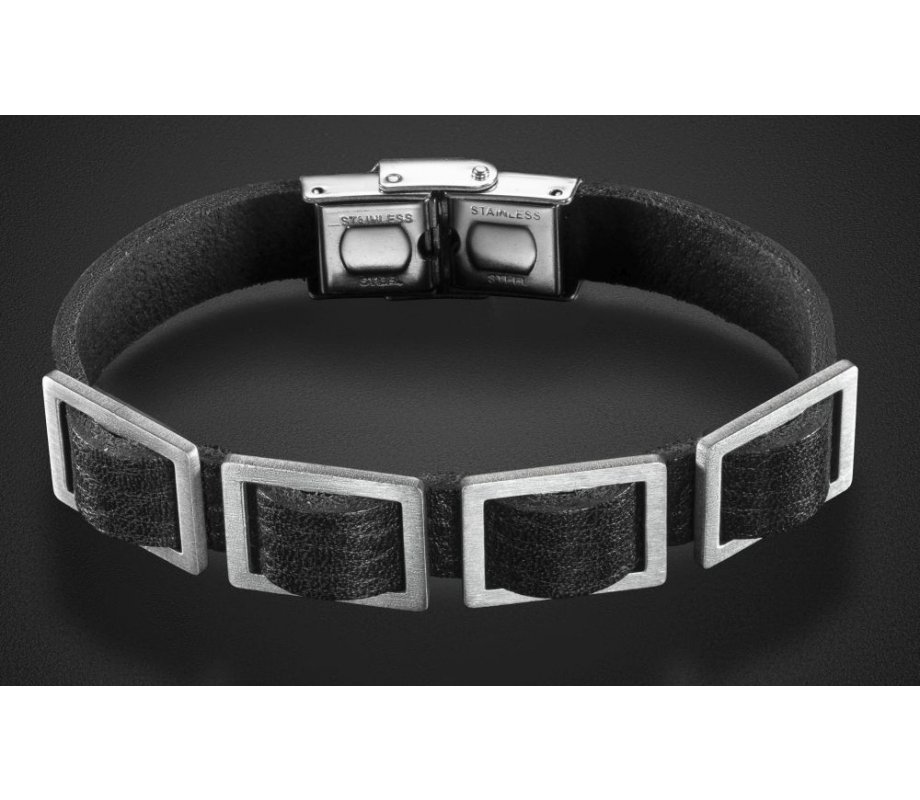 Man's Bracelet, Black Leather with Four Rectangle Elements – Adi Sidler