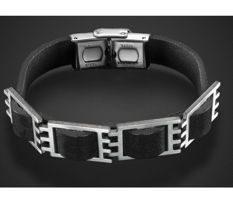 Man's Bracelet with Four Geometric Elements on Black Leather – Adi Sidler